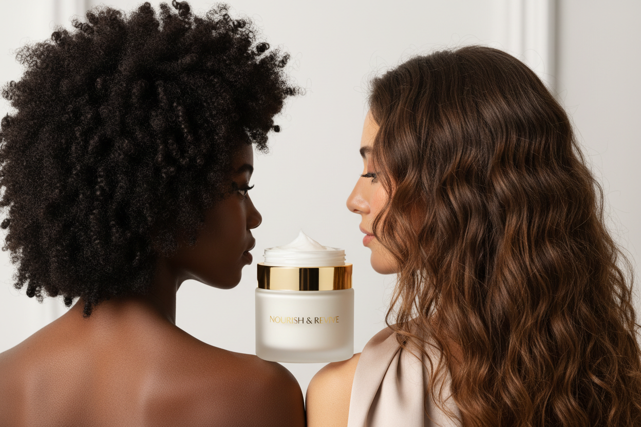femme noir avec cheveux crepus et femme arabe avec cheveux boucler , de dos avec une creme pour cheveux entre elle qui les séparent 