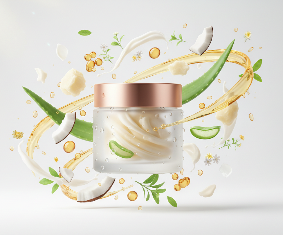 Un pots de creme pour cheveux avec des ingredient qui senvolent 